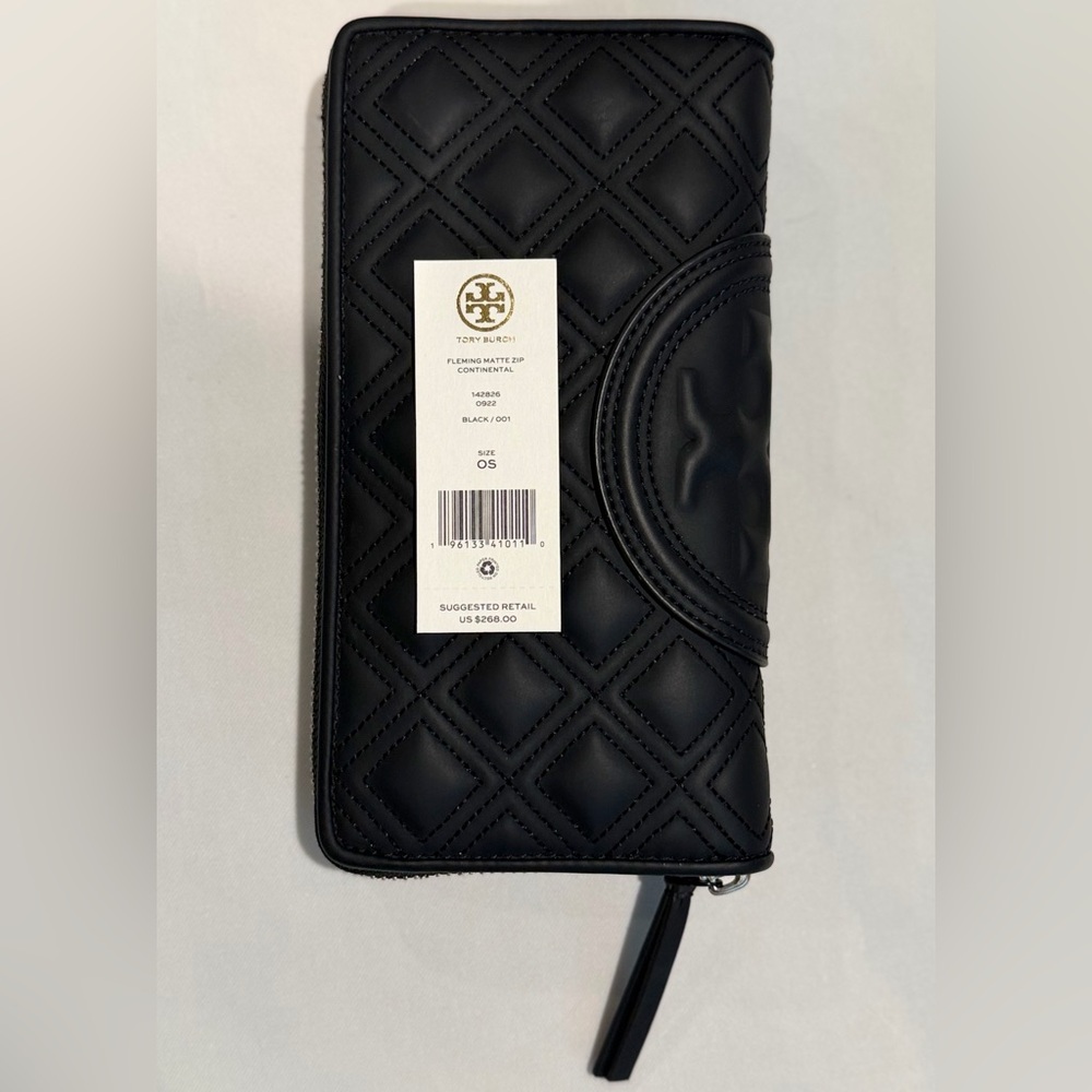 Tory Burch Black Quilted Fleming Zip Wallet with Logo Patch